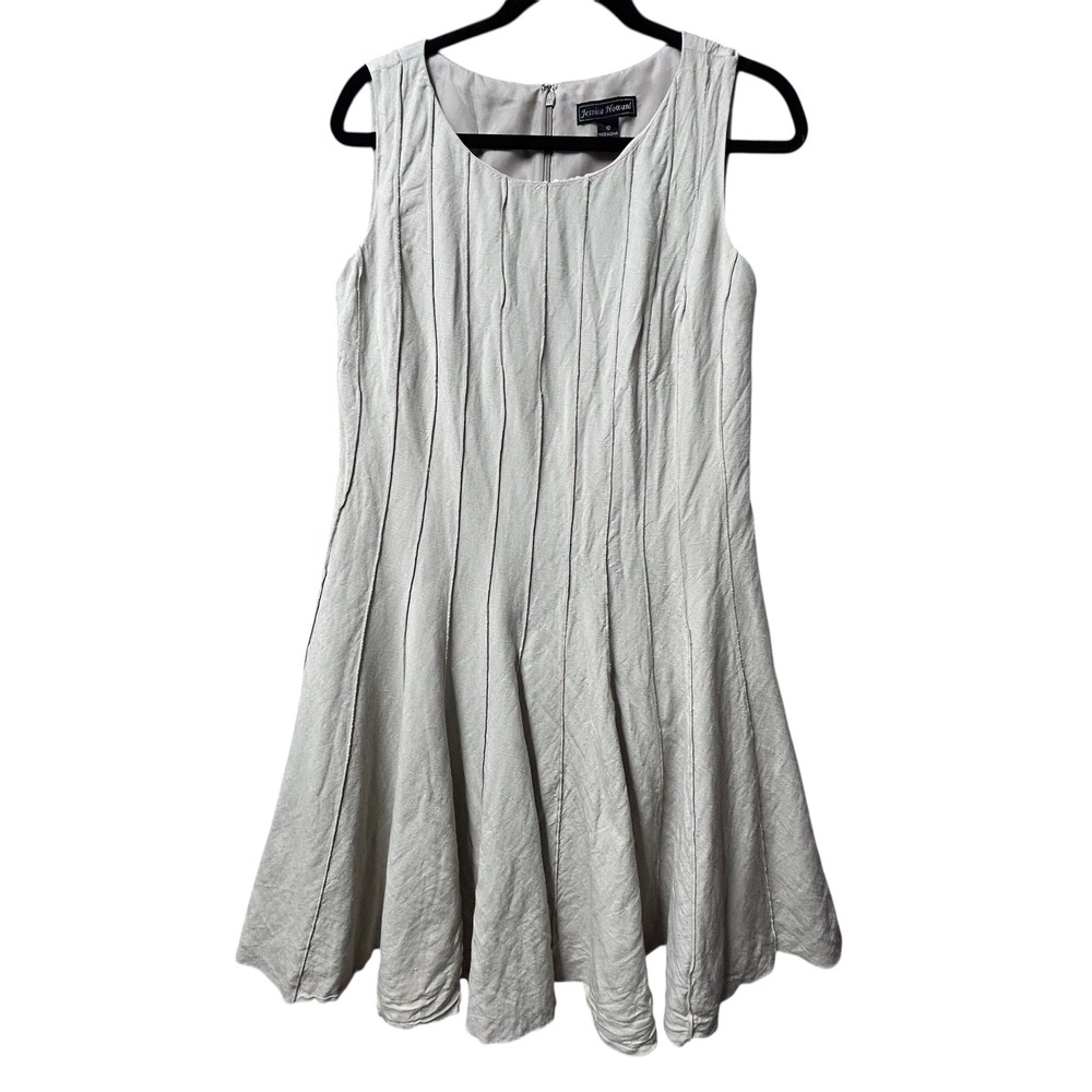 Jessica Howard Sleeveless Linen Blend Pleated Fit & Flare Dress Party Beige - 10